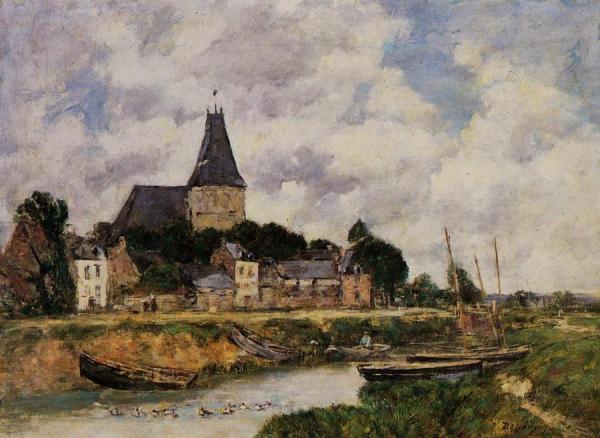 Quillebeuf, View Of The Church From The Canal by Eugène-louis Boudin