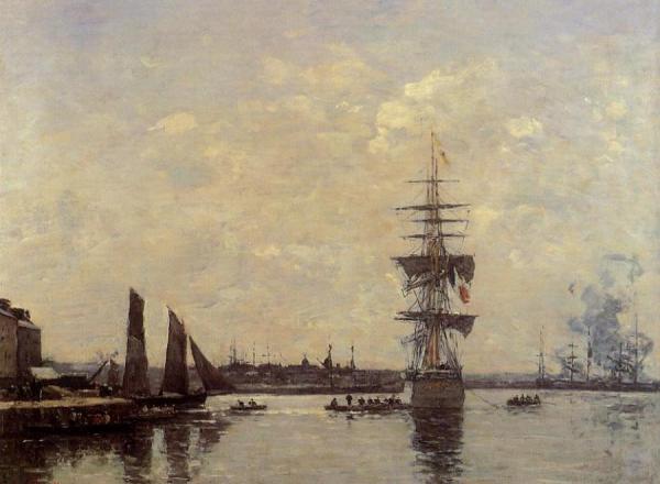Sailing Boats At Quay by Eugène-louis Boudin