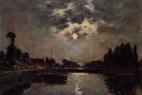 Saint-valery-sur-somme, Moonrise Over The Canal by Eugène-louis Boudin