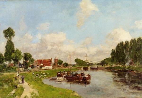 Saint-velery-sur-somme, Barges On The Canal by Eugène-louis Boudin