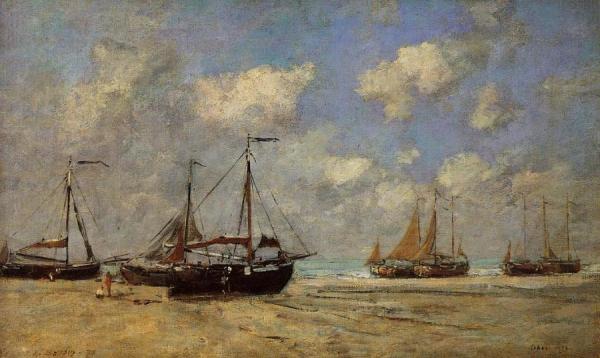 Scheveningen, Boats Aground On The Shore by Eugène-louis Boudin