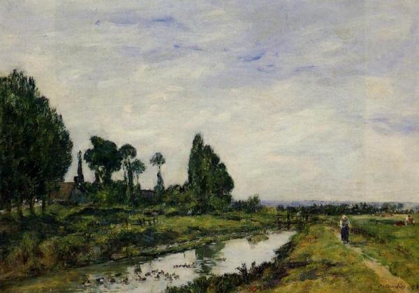 Small Canal At Quilleboeuf by Eugène-louis Boudin