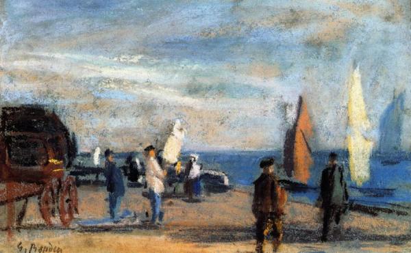 Strollers And Fishermen By The Outer Harbor by Eugène-louis Boudin