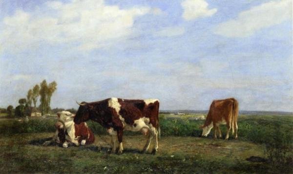 Three Cows In A Meadow by Eugène-louis Boudin