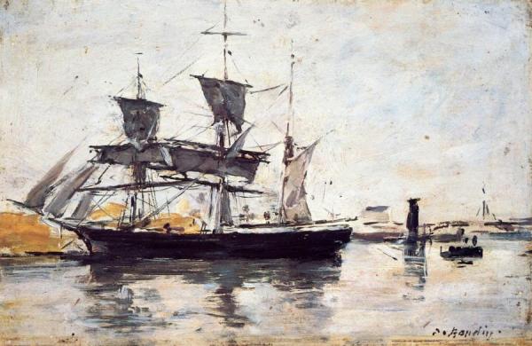 Three Masted Ship At Dock by Eugène-louis Boudin