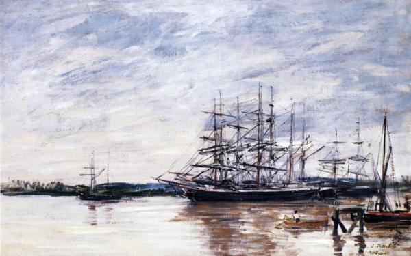 Three Masted Ship In Port, Bordeaux by Eugène-louis Boudin