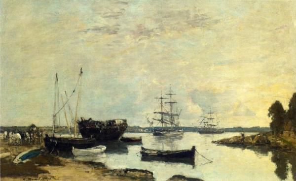 Three Masted Ship In The Harbor by Eugène-louis Boudin