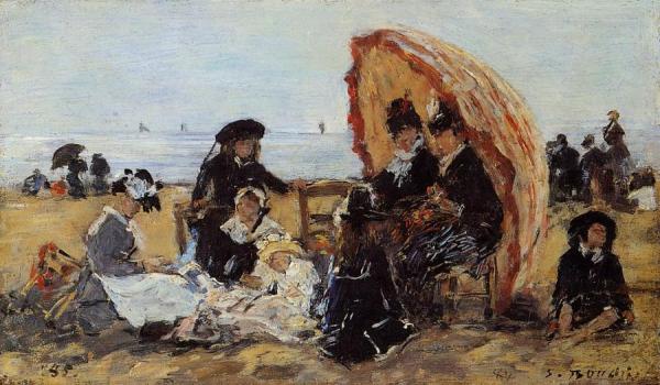Trouville, On The Beach Sheltered By A Parasol by Eugène-louis Boudin