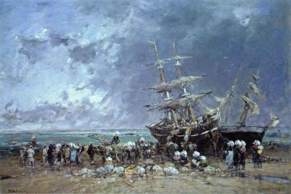 Unloading A Newfoundland Fishing Boat by Eugène-louis Boudin