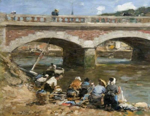 Washerwomen On The Banks Of The River Touques by Eugène-louis Boudin