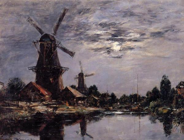 Windmills And Canel Near Dordrecht by Eugène-louis Boudin