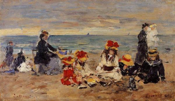 Woman And Children On The Beach At Trouville by Eugène-louis Boudin