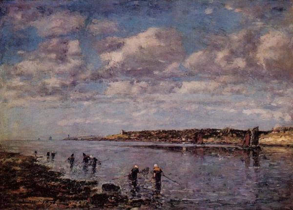 Women Fishing For Shrimp At Kerhor by Eugène-louis Boudin