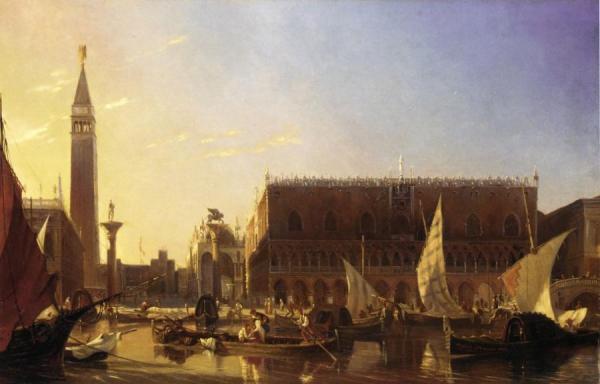 Gondolas On The Grand Canal In Front Of The Doge's Palace, Venice by Eugene-napoleon Flandin