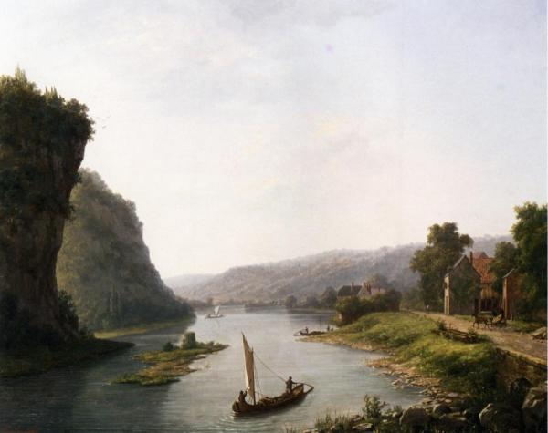 Fishing Boats On A River By A Village by Eugene Vermeulen