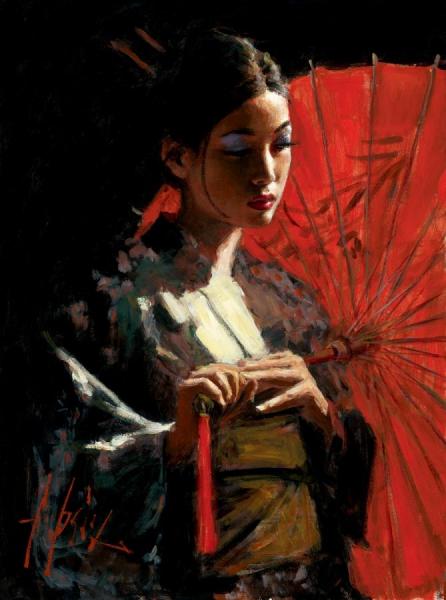 Michiko With Red Umbrella by Fabian Perez