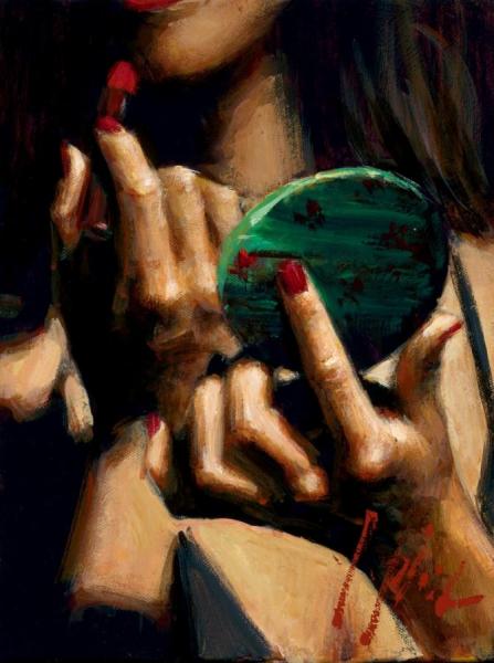 Study For Teressa With Mirror And Lipstick by Fabian Perez