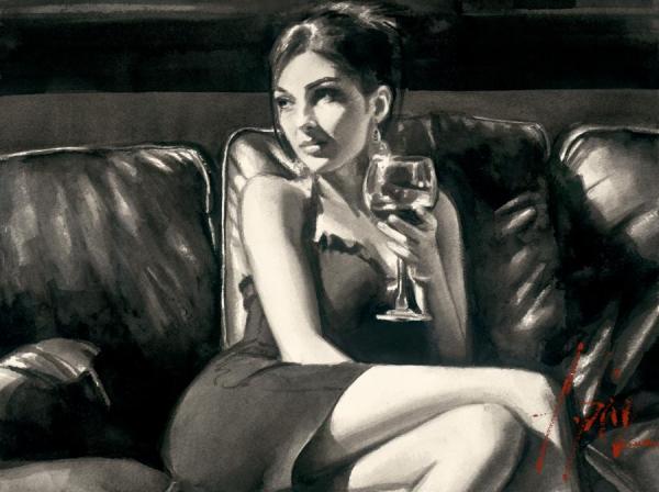 Tess On Leather Couch With Red Wine by Fabian Perez