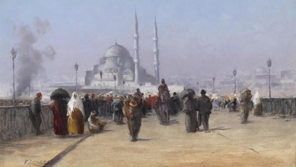 Hustle And Bustle On The Galata Bridge In Constantinople by Fausto Zonaro