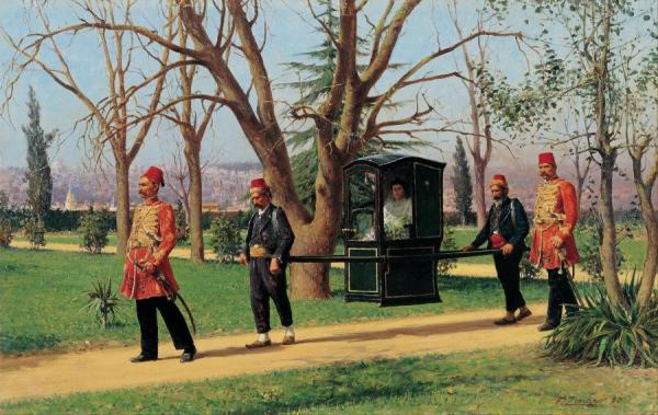 The Daughter Of The English Ambassador Riding In A Palanquin by Fausto Zonaro