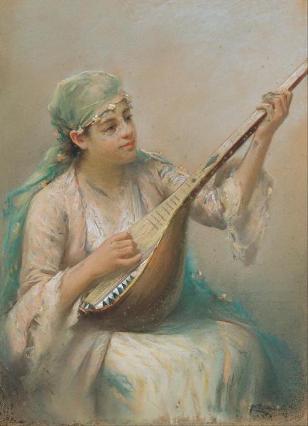 Woman Playing A String Instrument by Fausto Zonaro Oil Painting Reproductions