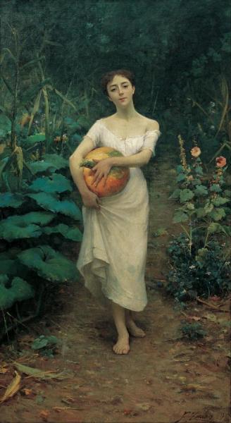Young Girl Carrying A Pumpkin by Fausto Zonaro