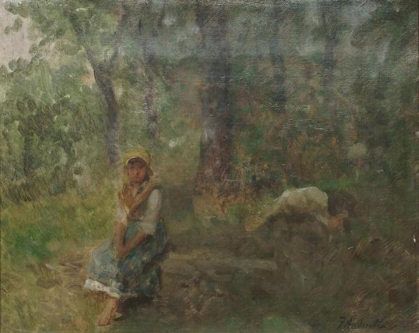 Young Girl Seated In A Wooded Landscape by Federico Andreotti
