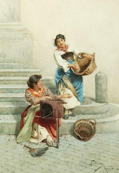 Two Girls Roasting Chestnuts by Federico Ballesio Oil Painting Reproductions
