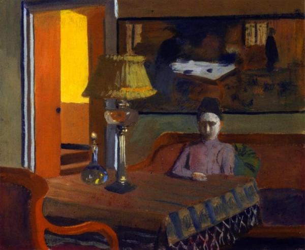 Woman In A Purple Dress Next To A Lamp by Felix Vallotton