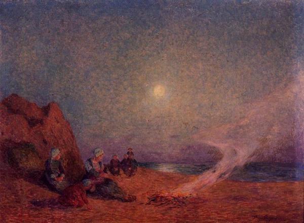 Le Pouldu, Woman On The Beach Beside A Fire by Ferdinand Du Puigaudeau