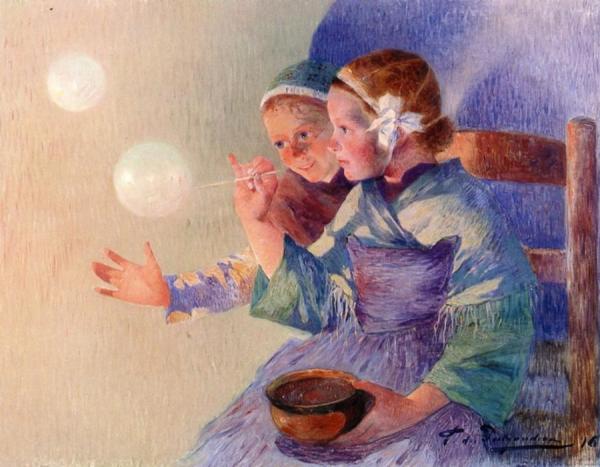 Ferdinand Du Puigaudeau Little Girls With Soap Bubbles