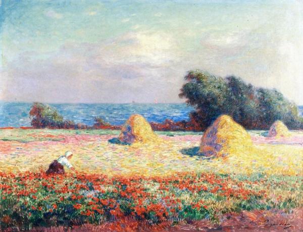 Stacks Of Hay And Field Of Poppies by Ferdinand Du Puigaudeau