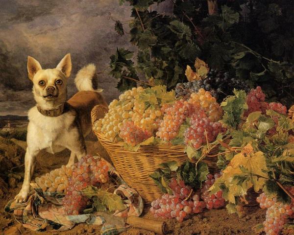 A Dog By A Basket Of Grapes In A Landscape by Ferdinand Georg Waldmuller