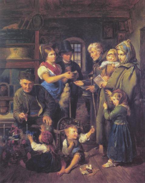 A Traveling Family Of Beggars Is Rewarded By Poor Peasants On Christmas Eve by Ferdinand Georg Waldmuller