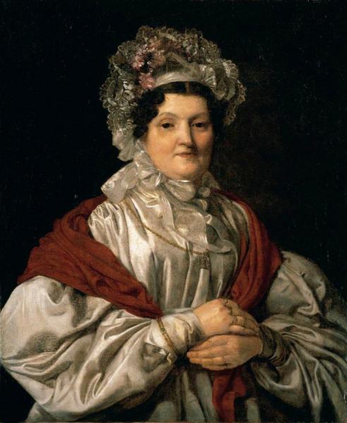 Ferdinand Georg Waldmuller Frau In Weisser Spitzenhaube, Weissem Seidenkleid Und Rotem Schultertuch (portrait Of A Lady)