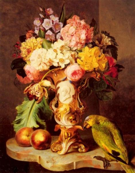 A Still Life With A Vase Of Assorted Flowers, Peaches And A Parrot On A Marble Ledge by Ferdinand Kuss