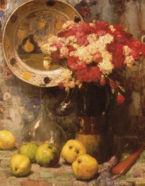 A Still-life With Flowers And Apples by Fernand Toussaint
