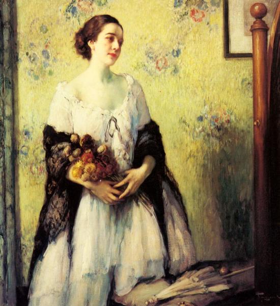 A Young Woman Holding A Bouquet by Fernand Toussaint
