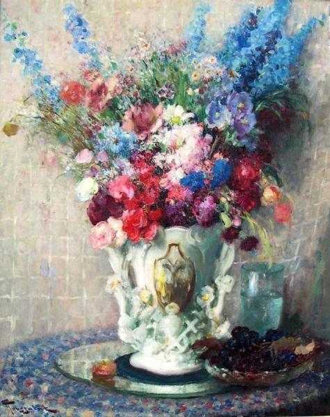 Bouquet Of Flowers In White Porcelain Vase by Fernand Toussaint