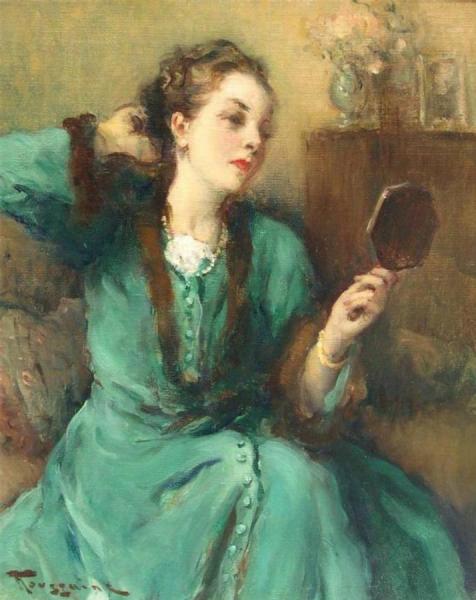 Lady In The Green Dress With Mirror by Fernand Toussaint