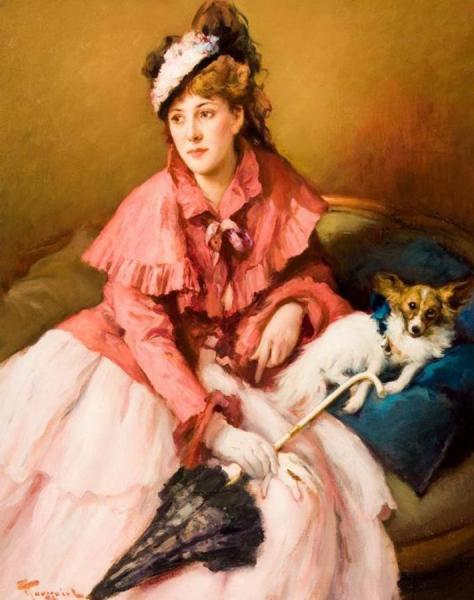 Lady In White Dress With Dog by Fernand Toussaint