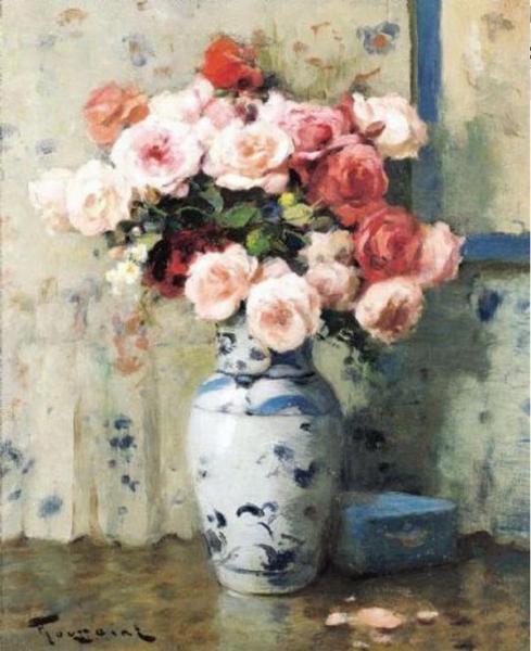 Fernand Toussaint Pink Roses And A Blue Snuff Box