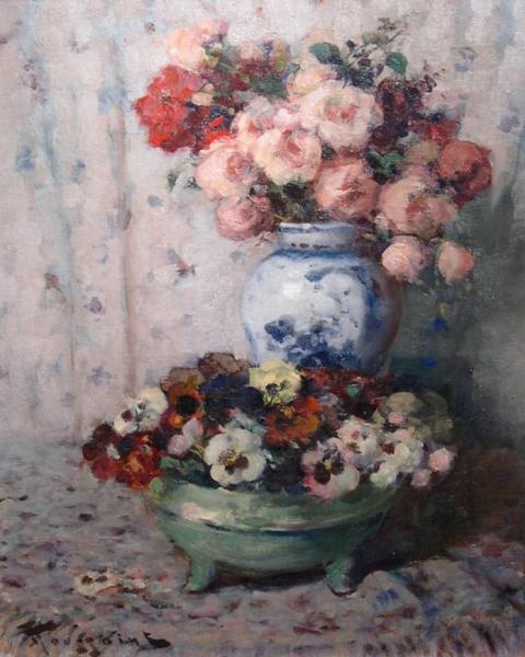 Roses And Pansies by Fernand Toussaint