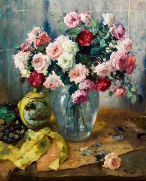 Still Life With Roses And Porcelain by Fernand Toussaint