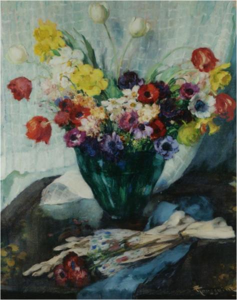 Vase De Fleurs Et Rideau Blanc by Fernand Toussaint