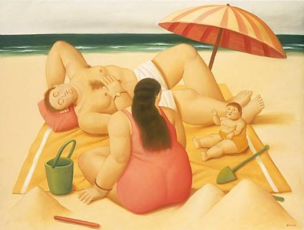 Family On The Beach by Fernando Botero