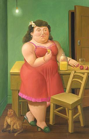 Woman Drinking With Cat by Fernando Botero