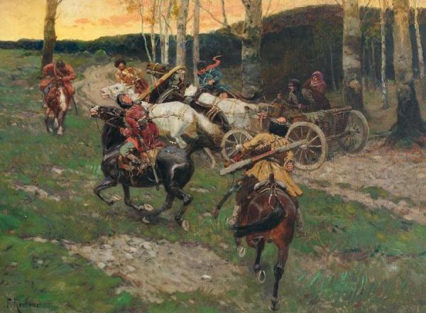 Franc Alekseevič Rubo Circassian Horsemen Attack A Peasant Couple