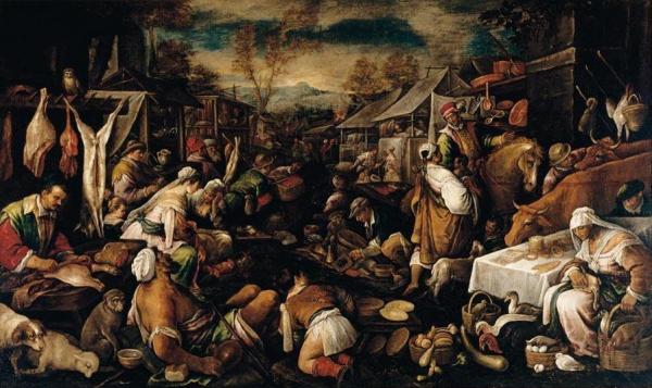 A Busy Market Scene With Meat And Vegetable Sell by Francesco Bassano  The Younger