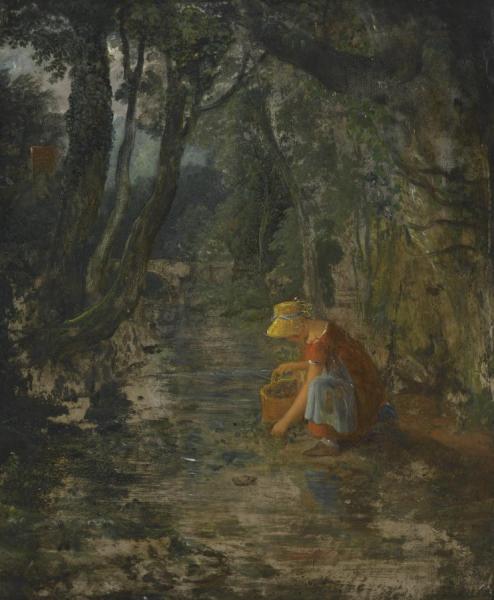 A Girl Collecting Berries By A Brook In A Wooded Landscape by Francis Danby